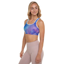 Load image into Gallery viewer, Galactic Ocean Throat Chakra Mandala Padded Sports Bra