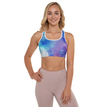 Load image into Gallery viewer, Galactic Ocean Throat Chakra Mandala Padded Sports Bra